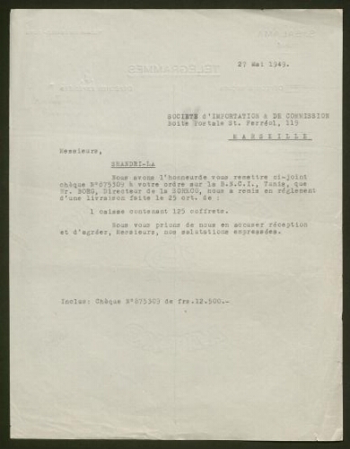 Lettre tapuscrite de la Société d'Inportation et de Commission, datée du 27 mai 1949