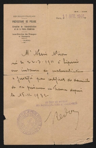 Nison Nesis, en France depuis le 18 novembre 1932, demande la naturalisation française (1940)