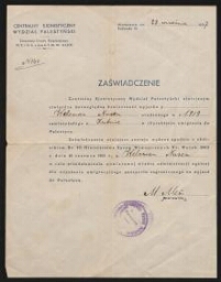 La centrale sioniste de Varsovie autorise  Welcman Nusen à émigrer en Palestine, 23 septembre 1937