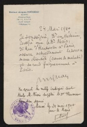 Attestation du Dr Rousseau certifiant que le Dr Nesis le remplace pour cause de maladie, datée du 24 mai 1940