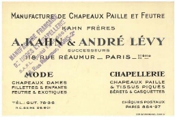 Carte de visite des frères Kahn, A. Kahn et André Lévy, à la tête de la 
