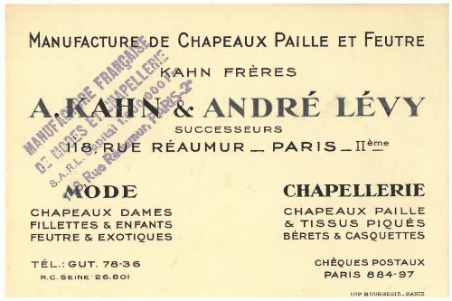 Carte de visite des frères Kahn, A. Kahn et André Lévy, à la tête de la "Manufacture de Chapeaux Paille et Feutre"
