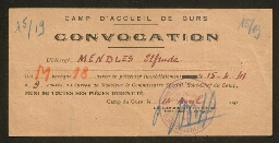 Convocation devant le Commissaire Spécial du Camp de Gurs adressée à Mendles Elfrude, datée du 15 avril 1941