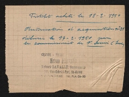 Note manuscrite autorisant l'achat d'un pistolet, datée du 18 février 1950