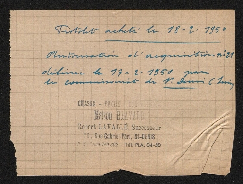 Note manuscrite autorisant l'achat d'un pistolet, datée du 18 février 1950