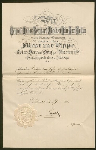 Document officiel du Prince régnant concernant Abraham Plaut, daté du 1er juin 1907