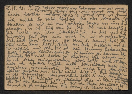 Carte postale de Mme N. Blum adressée à Mme U. Rabinovitch, depuis l'infirmerie du camp de Gurs (Basses-Pyrénées), datée du 25 août 1941
