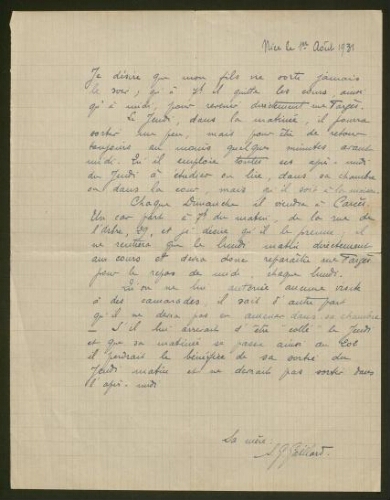 Lettre manuscrite de S. G. Gaillard au sujet de son fils, datée du 1er août 1931