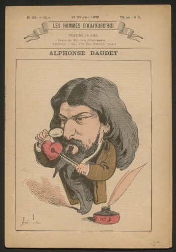 Article de la revue Les hommes d'aujourd'hui consacré à Alphonse Daudet, avec caricature en couleurs sur la première page, daté du 15 février 1879