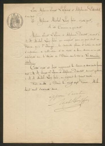 MM. Michel Lévy frères achètent la première oeuvre d' Alphonse Daudet le  drame "La dernière idole" 27 février 1862