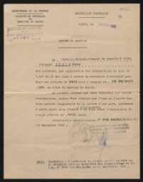 Lettre de service autorisant Nison Nesis à servir en situation d'activité pendant une période de trois mois, datée du 26 septembre 1945