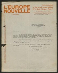 Lettre tapuscrite de Roger Nathan adressée à M. Granhoff, datée du 15 mai 1934