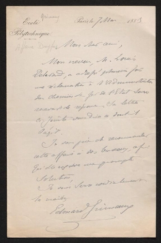 Lettre manuscrite d'Edouard Grimaux, adressée au Directeur des Chemins de fer (1883)
