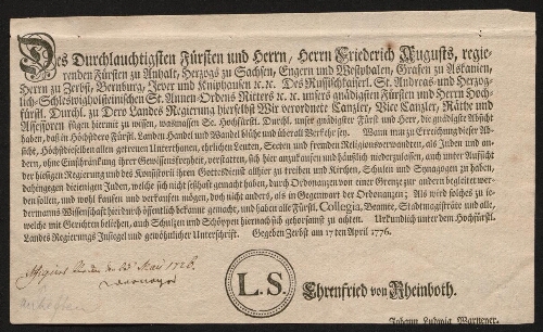 Les Juifs sont expulsés de Dresde (1776)