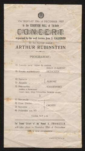 Arthur Rubinstein une représentation à Tel Aviv 19 décembre 1927