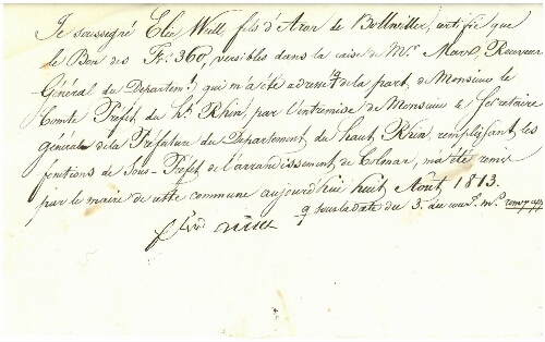 Baruch Lang, Gabriel Wahl et Elie Weil reconnaissent avoir reçu du Préfet une injonction de payer une contribution contestée  (1813)