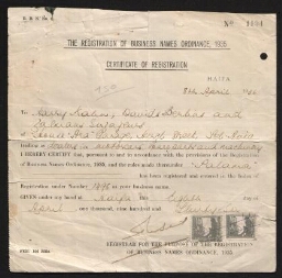 Certificat d'enregistrement de l'entreprise "Palama", daté du 8 avril 1936