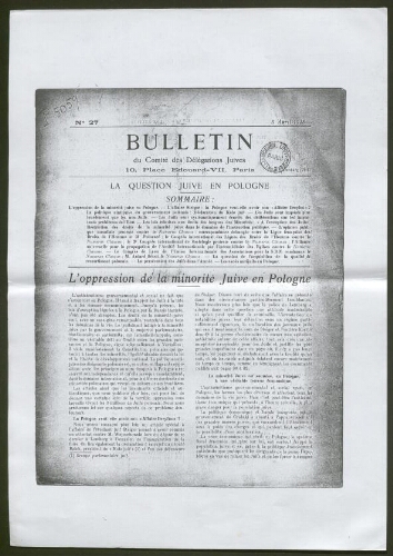 Copie du Bulletin du Comité des Délégations Juives, daté du 5 avril 1925