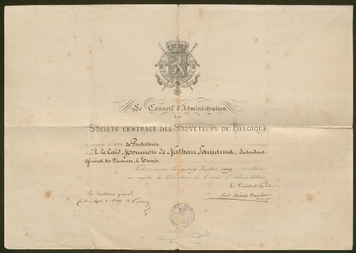Attribution du titre de Protecteur par la Société Centrale des Sauveteurs de Belgique au Caïd Moumou de Nathan Samama (1869)