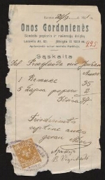 Série de factures d'un orphelinat de Kaunas - Une facture à en-tête de "Onos Gordonienès", datée du 28 septembre 1925