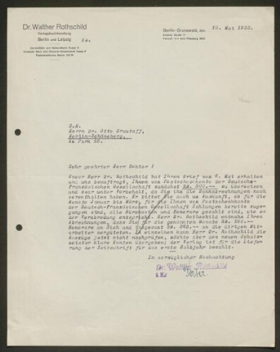 Lettre tapuscrite du Dr. Walther Rothschild adressée au Dr. Otto Grautoff, datée du 10 mai 1933
