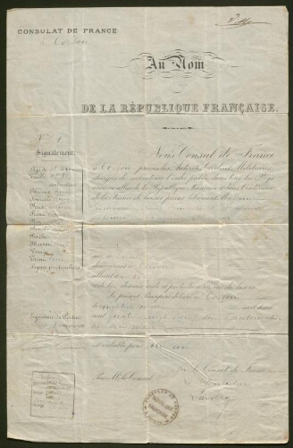 Le Consul de France à Corfou délivre un laisser passez à Nina Scemama pour l'Egypte (1889)