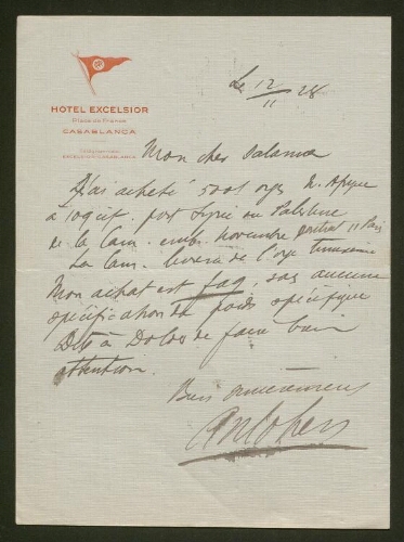 Lettre manuscrite de Illisible Cohen adressée à Salomon Salama, datée du 12 novembre 1928