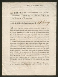 Lettre tapuscrite du préfet des Basses Pyrénées au Maire de la commune d'Etcharry
