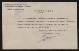 Attestation certifiant que le médecin sous-lieutenant Nesis assume les fonctions de Médecin-Chef du Pavillon Militaire de l'hôpital de Montereau, datée du 14 décembre 1945