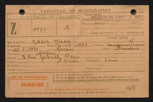 Fasicule de mobilisation au nom de Nison Nesis, daté du 10 novembre 1950
