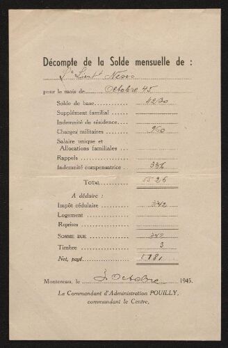 Décompte de la solde mensuelle de sous-lieutenant Nesis, datée du 30 octobre 1945