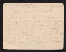 Mme Hartmann, femme du colonel, témoin à décharge du capitaine Dreyfus écrit après la mort suspecte de son fils  à Melle Gauclerk (1902)