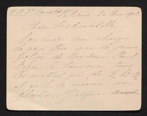 Mme Hartmann, femme du colonel, témoin à décharge du capitaine Dreyfus écrit après la mort suspecte de son fils  à Melle Gauclerk (1902)