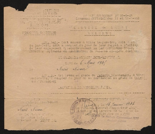 Lettre tapuscrite annonçant la promotion de Nison Nesis au grade de Médecin Lieutenant, datée du 16 janvier 1946