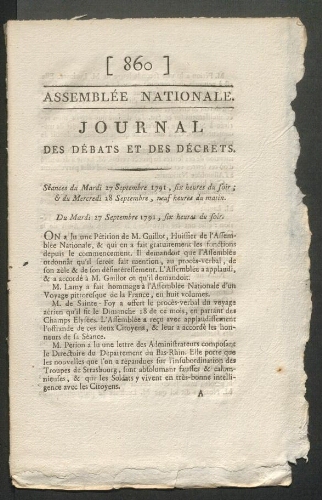 Les Juifs citoyens actifs , Journal des débats et des décrets, 860, daté du 27 septembre 1791