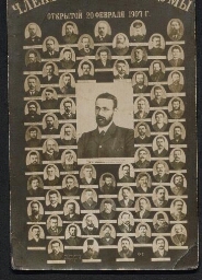 Série de cartes postales représentant des photographies de dirigeants juifs de mouvements révolutionnaires en Russie et de penseurs juifs communistes, début du 20ème siècle - Carte postale représentant un homme et de nombreuses figures autour de lui, datée du 20 février 1907