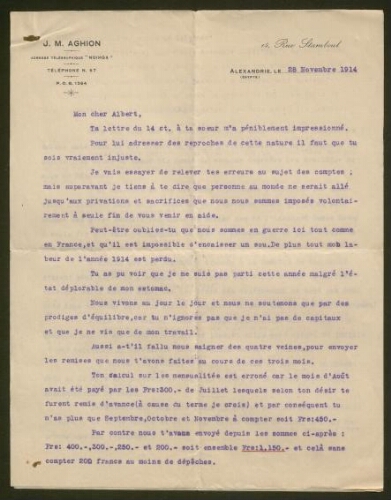 Jacques Aghion n'obtient plus d'avances du Mont de Piété d'Alexandrie en 1914