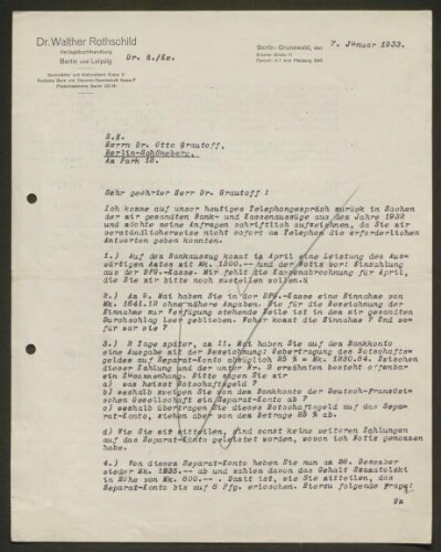 Lettre tapuscrite du Dr. Walther Rothschild adressée au Dr. Otto Grautoff, datée du 7 janvier 1933