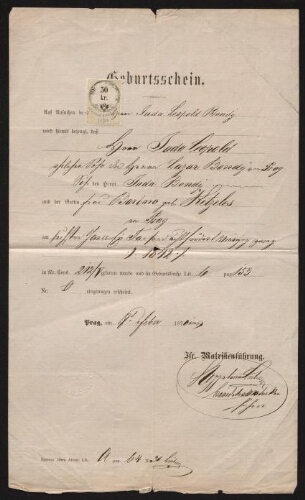 Certificat de naissance au nom de Juda Leopold Bondy, daté du 18 février 1870