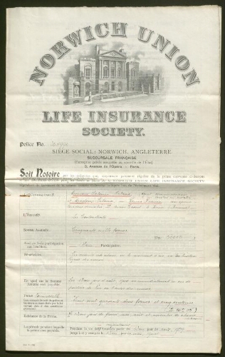 Norwich Union - Life Insurance Society - Assurance au nom de M. Salomon Salama et son épouse Mme Salama, née Pavina Russian