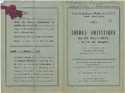 Programme de la Soirée artistique du 24 mars 1935 organisée par les Anciens Combattants et Mutilés de la L.IC.A.