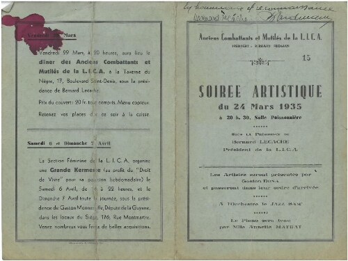 Programme de la Soirée artistique du 24 mars 1935 organisée par les Anciens Combattants et Mutilés de la L.IC.A.
