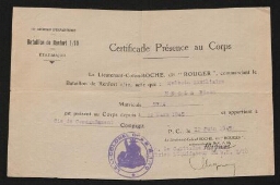 Certificat de présence au Corps de la 10ème Division d'Infanterie, délivré au médecin-auxiliaire Nison Nesis, daté du 12 juin 1945