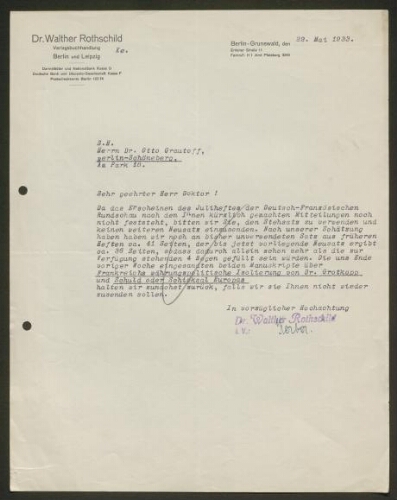 Le Dr. Walther Rothschild  au Dr. Otto Grautoff: publier une revue sous la nazisme? 22 mai 1933
