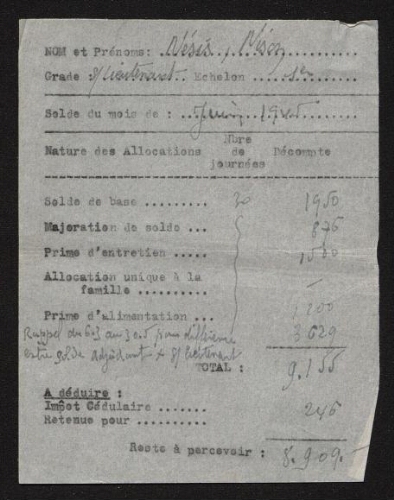 Solde du sous-lieutenant Nesis du mois de juin 1945