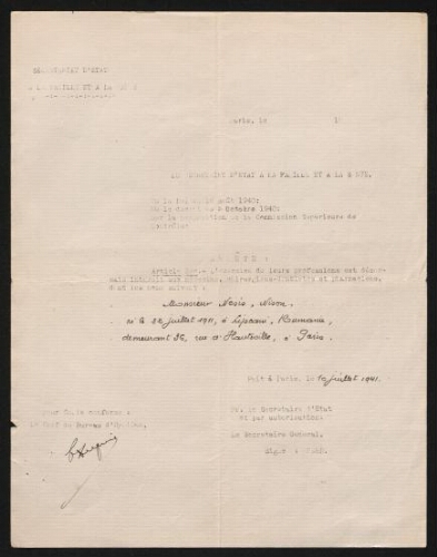 Le Docteur Nesis a interdiction d'exercer la médecine parce qu'il est étranger; arrété du secrétariat d'Etat à la famille et à la santé, 10 juillet 1941