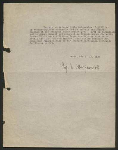 Lettre tapuscrite du Dr. Otto Grauttof, datée du 1er décembre 1934
