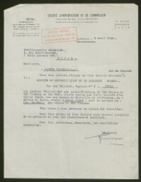Lettre tapuscrite de la Société d'Importation et de Commission, datée du 4 avril 1949