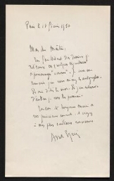 Lettre manuscrite d'André Spire adressée à son maître, datée du 28 février 1950
