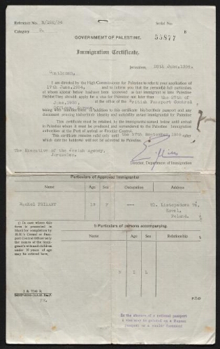 Rachel Prizant, 19 ans, juive polonaise de Kowel, obtient l'autorisation d'émigrer en Palestine (1934)